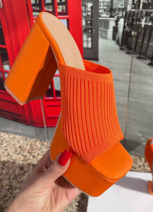 Lycra & Knit Chunky Open Toe Platform High Heeled Mules