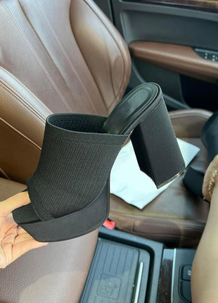 Lycra & Knit Chunky Open Toe Platform High Heeled Mules