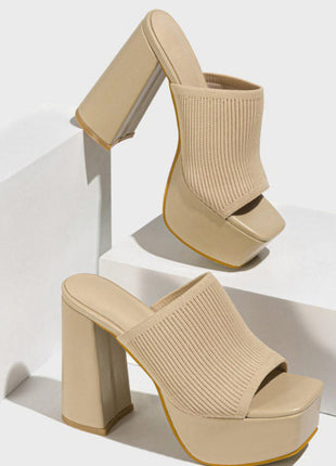Lycra & Knit Chunky Open Toe Platform High Heeled Mules