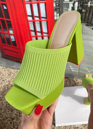 Lycra & Knit Chunky Open Toe Platform High Heeled Mules