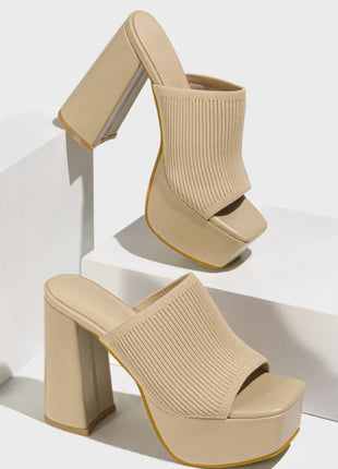 Lycra & Knit Chunky Open Toe Platform High Heeled Mules