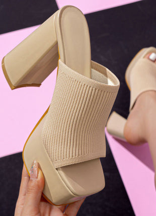Lycra & Knit Chunky Open Toe Platform High Heeled Mules