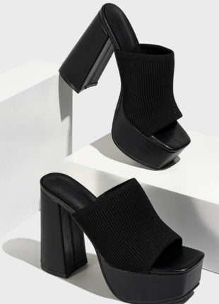 Lycra & Knit Chunky Open Toe Platform High Heeled Mules