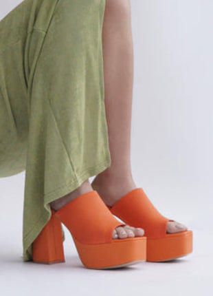 Lycra & Knit Chunky Open Toe Platform High Heeled Mules