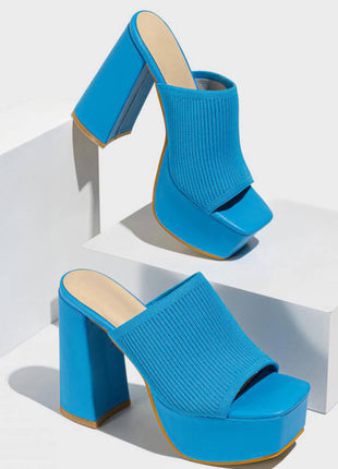 Lycra & Knit Chunky Open Toe Platform High Heeled Mules