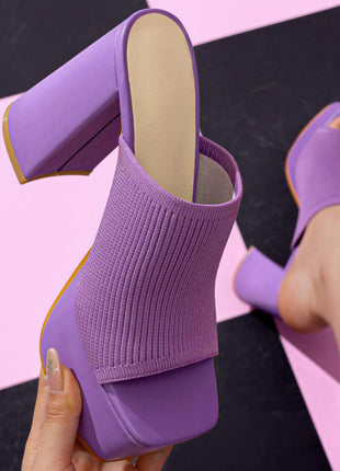 Lycra & Knit Chunky Open Toe Platform High Heeled Mules