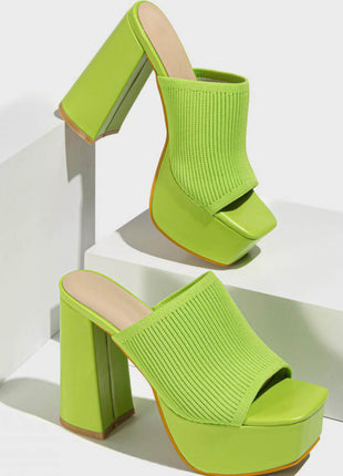 Lycra & Knit Chunky Open Toe Platform High Heeled Mules