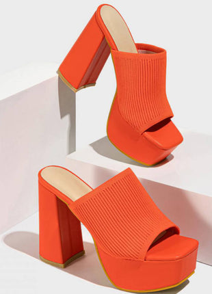 Lycra & Knit Chunky Open Toe Platform High Heeled Mules
