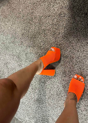Lycra & Knit Chunky Open Toe Platform High Heeled Mules