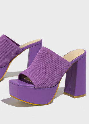 Lycra & Knit Chunky Open Toe Platform High Heeled Mules