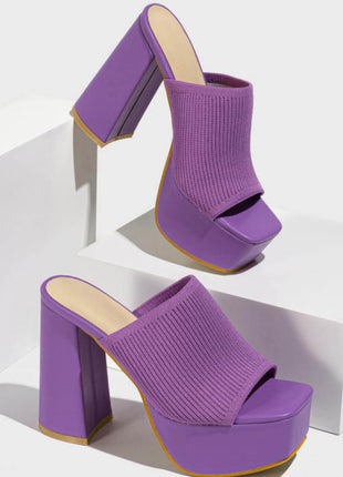 Lycra & Knit Chunky Open Toe Platform High Heeled Mules