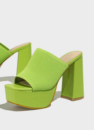 Lycra & Knit Chunky Open Toe Platform High Heeled Mules