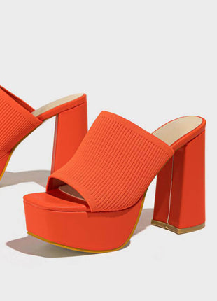 Lycra & Knit Chunky Open Toe Platform High Heeled Mules