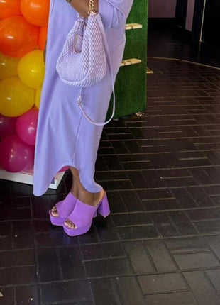 Lycra & Knit Chunky Open Toe Platform High Heeled Mules