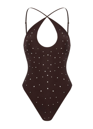 Crystal-Embellished Halter Open Back One Piece Swimsuit