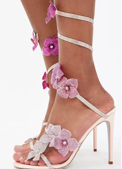Crystal-Embellished Flower Around The Ankle Coil Stiletto Sandals