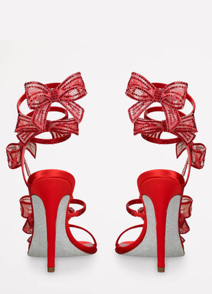 Satin Diamante Bow-Embellished Around The Ankle Coil Stiletto Heel Sandals