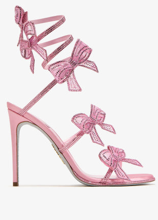 Satin Diamante Bow-Embellished Around The Ankle Coil Stiletto Heel Sandals