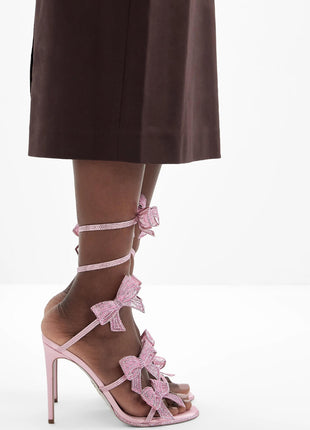Satin Diamante Bow-Embellished Around The Ankle Coil Stiletto Heel Sandals