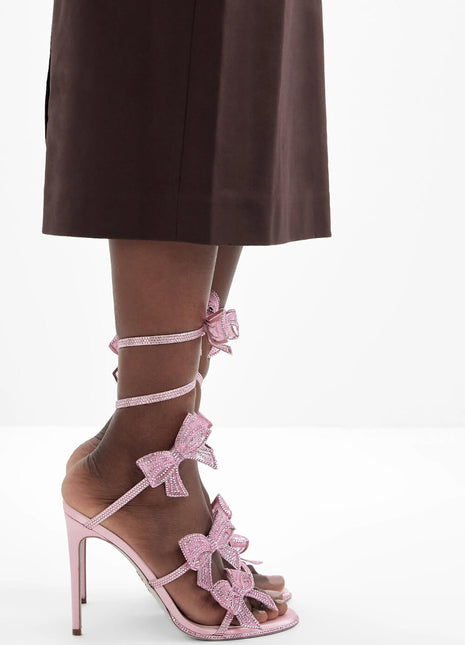 Satin Diamante Bow-Embellished Around The Ankle Coil Stiletto Heel Sandals