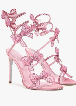 Satin Diamante Bow-Embellished Around The Ankle Coil Stiletto Heel Sandals
