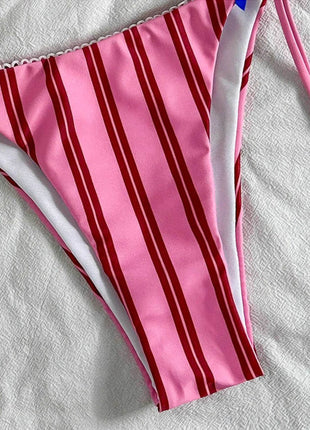 Striped Print Picot Trim Triangle Halter Tie Side Bikini Set With Bows Detailing