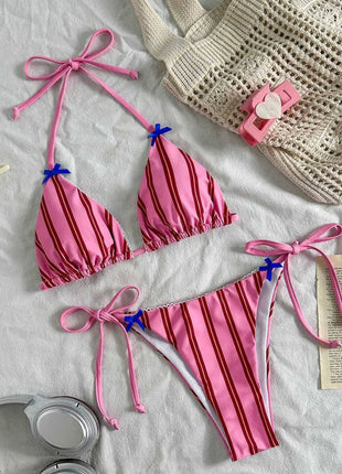 Striped Print Picot Trim Triangle Halter Tie Side Bikini Set With Bows Detailing