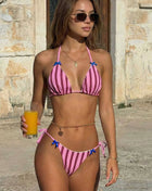 Striped Print Picot Trim Triangle Halter Tie Side Bikini Set With Bows Detailing