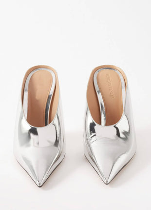 Metallic Faux Leather Pointed Toe Wedged Heels Mules