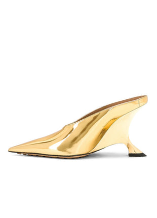 Metallic Faux Leather Pointed Toe Wedged Heels Mules