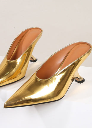 Metallic Faux Leather Pointed Toe Wedged Heels Mules