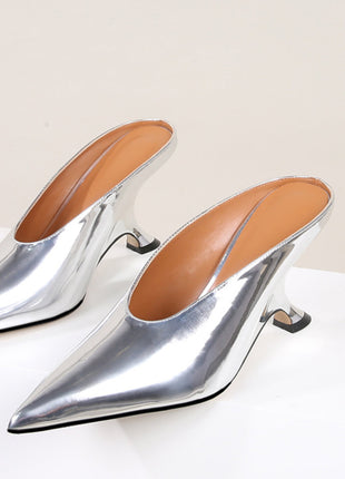 Metallic Faux Leather Pointed Toe Wedged Heels Mules