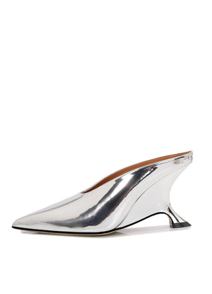 Metallic Faux Leather Pointed Toe Wedged Heels Mules