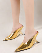 Metallic Faux Leather Pointed Toe Wedged Heels Mules