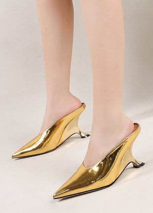 Metallic Faux Leather Pointed Toe Wedged Heels Mules