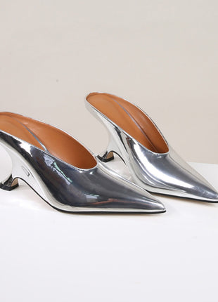 Metallic Faux Leather Pointed Toe Wedged Heels Mules