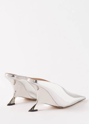 Metallic Faux Leather Pointed Toe Wedged Heels Mules