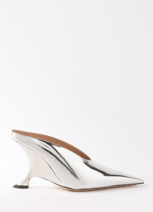 Metallic Faux Leather Pointed Toe Wedged Heels Mules