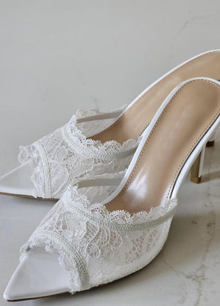 Lace Open Pointed Toe Heeled Mule Sandals