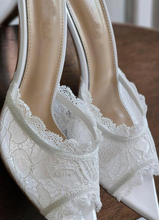 Lace Open Pointed Toe Heeled Mule Sandals
