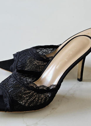 Lace Open Pointed Toe Heeled Mule Sandals