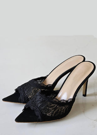 Lace Open Pointed Toe Heeled Mule Sandals