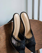 Lace Open Pointed Toe Heeled Mule Sandals