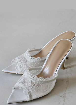 Lace Open Pointed Toe Heeled Mule Sandals