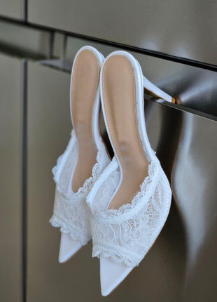 Lace Open Pointed Toe Heeled Mule Sandals