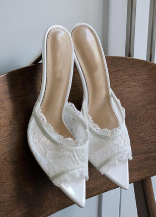 Lace Open Pointed Toe Heeled Mule Sandals