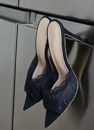 Lace Open Pointed Toe Heeled Mule Sandals