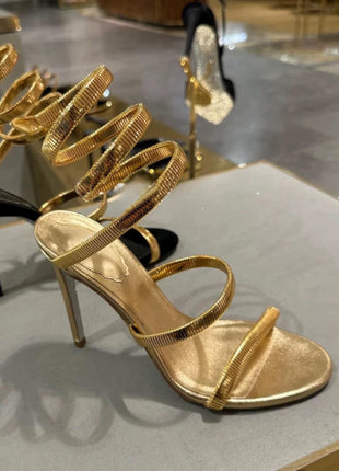 Metallic Ankle Wrap Around Open Toe High Heel Sandals