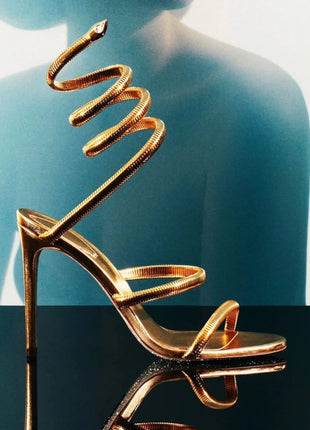 Metallic Ankle Wrap Around Open Toe High Heel Sandals