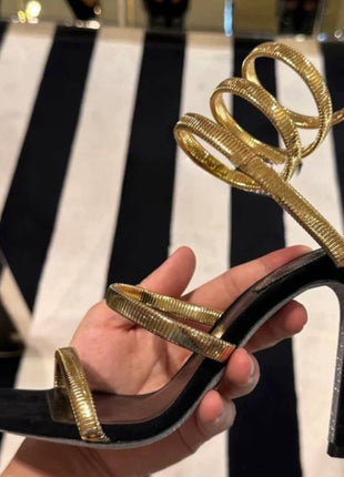Metallic Ankle Wrap Around Open Toe High Heel Sandals
